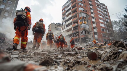 Rescue workers in orange uniforms navigate through the aftermath of a disaster among debris and a damaged building