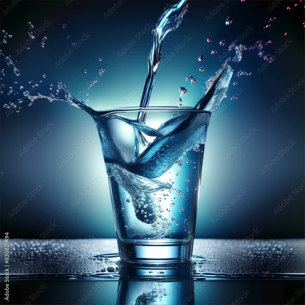 Poster captivating high-speed photograph of water splashing into a glass, creating dynamic shapes and dropl