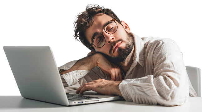 Office man sleepy while working in front of laptop, transparent background