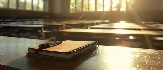 Sunlit classroom with spiral notebook and pen on desk, symbolizing education, learning, and academic environment.