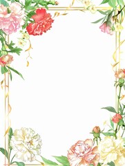 A delicate floral frame with a gold border The frame features clusters of roses in various colors