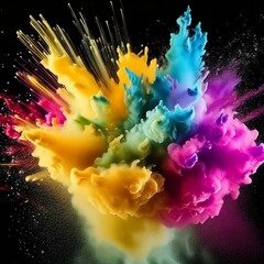 Fototapeta premium cloud of colorful powder explodes in a burst of energy. Bright pink, blue, orange, and yellow powder explodes on a black canvas. Background 