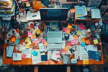 Cluttered desk with office supplies, coffee cups, and sticky notes, overhead view, highquality image, busy and detailed, perfect for workspace visuals