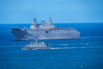 Obraz premium Aircraft carrier L-61 Juan Carlos I of the Spanish Navy in the bay of Gijon, Spain.