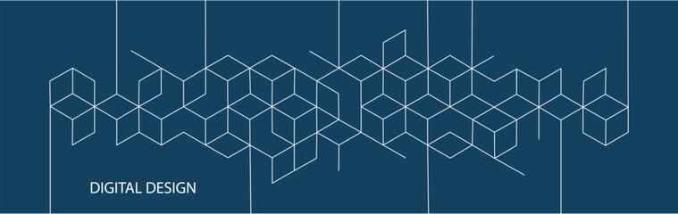 The graphic design element and abstract geometric background with isometric vector blocks for banner template or header. White figures on a blue background
