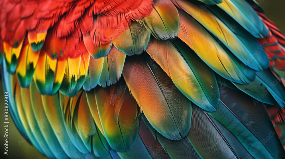 Poster a colorful bird with a red and blue tail feather. the bird is sitting on a branch. the feathers are 