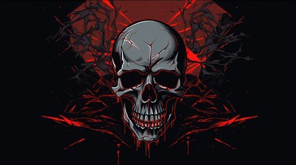 Sinister digital illustration of a skull with red accents, dark branches, and a haunting atmosphere. Perfect for Halloween or gothic themes.