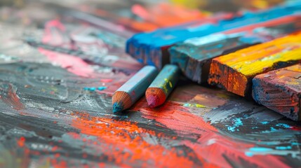 Fototapeta premium Closeup of chalk pastels with vivid hues, selective focus, artistic tools, whimsical, Multilayer, drawing table backdrop