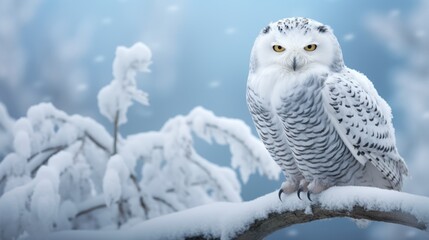 Majestic Snowy Owl Perched on Snowy Branch in Winter Forest Setting with Piercing Yellow Eyes Staring Out, High-Resolution Image