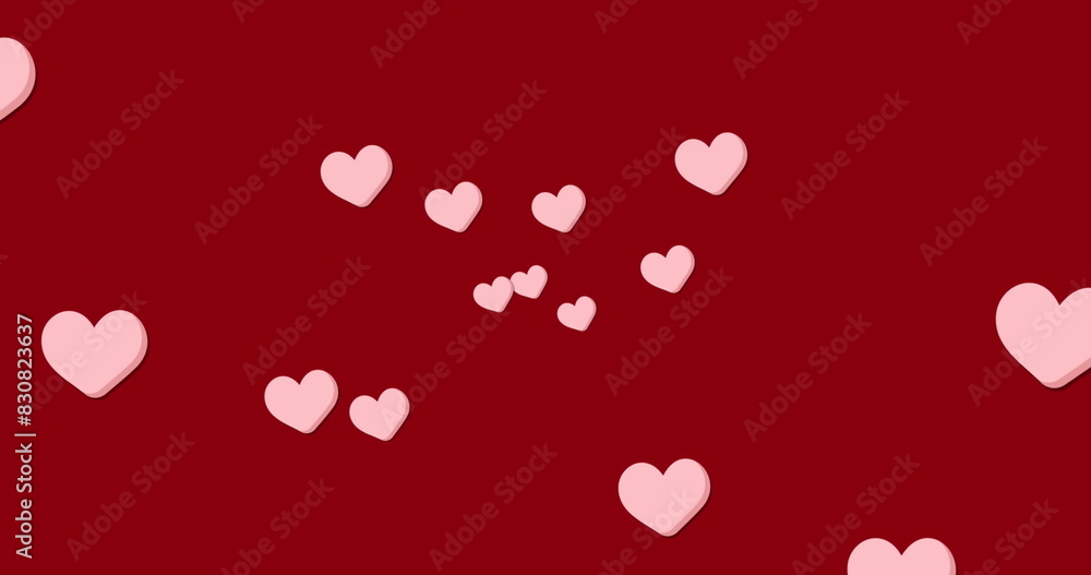 Poster image of multiple pink heart icons floating against copy space on red background