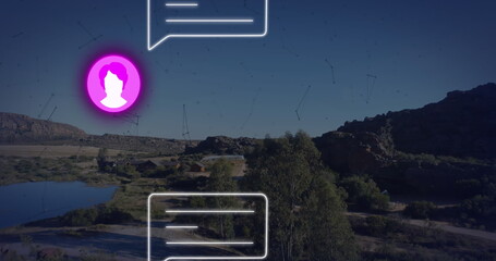 Image of profile and message icons over network of connections against landscape with mountains