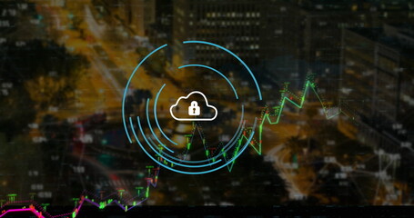 Image of security padlock and cloud icon over financial data processing against night cityscape