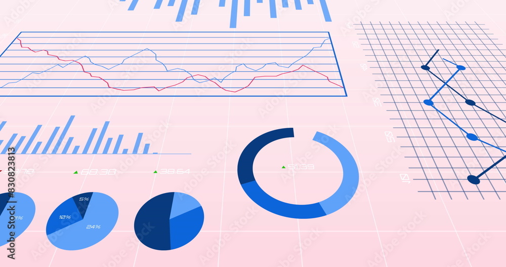 Aufkleber image of multiple graphs, changing numbers and loading circles over pink background
