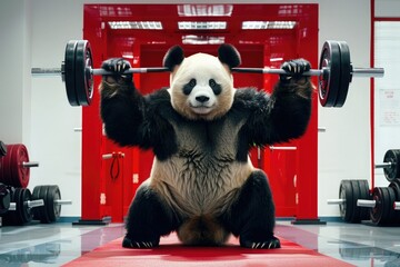 Obese Fitness Panda Lifting Heavy Dumbbell in Red and White Gym .