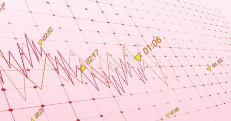 Image of changing numbers and graphs over grid pattern against pink background