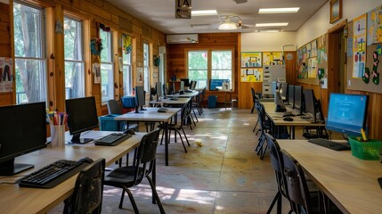 A community center in rural America with children accessing the internet for the first time, highlighting the bridging of the digital divide. --ar 16:9 --style raw 