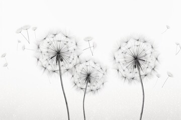 A minimalist black and white illustration of three delicate dandelions with seeds floating away, symbolizing freedom and simplicity.