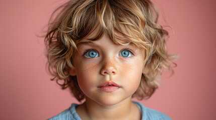Naklejka premium Professional studio photo portrait of a cute little boy, lovely kid with naive face, a pretty child with a emotional expression, widescreen 16:9