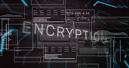 Image of encryption text over graphs, loading bars, circles and binary codes on black background