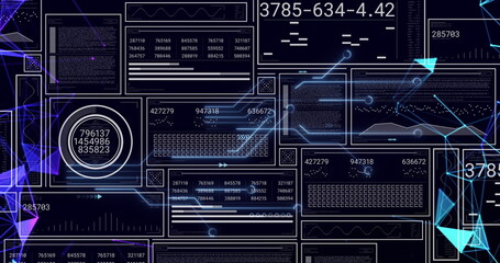 Obraz premium Image of graphs, loading bars and circles with changing numbers against connected dots