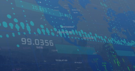 Image of graphs with changing numbers, computer language, aerial view of modern cityscape