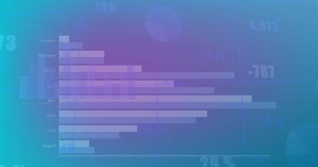 Image of month names with graphs and changing numbers against blue background