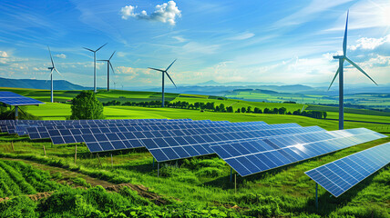 green energy generation, a wind farm with several wind turbines spinning under a clear blue sky, and a solar farm with large solar panels absorbing sunlight.