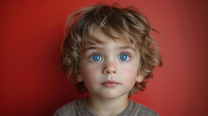 Naklejka premium Professional studio photo portrait of a cute little boy, lovely kid with naive face, a child with a emotional expression, widescreen 16:9