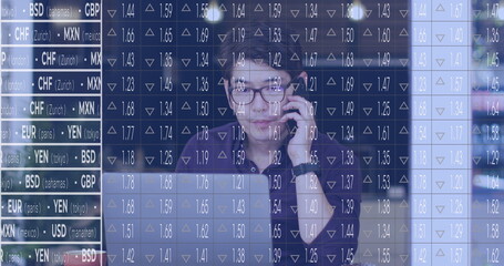 Image of stock market data processing against asian man talking on smartphone at office