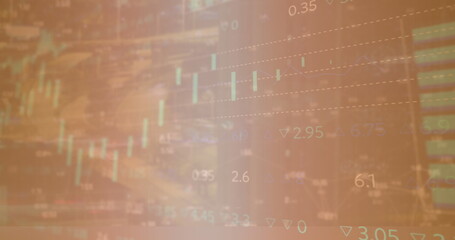 Image of multiple graphs, loading circles and trading board against abstract background