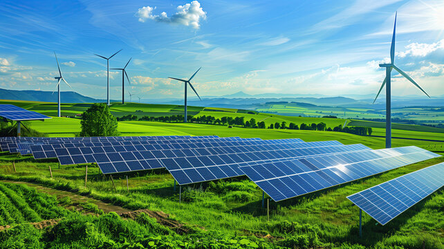 green energy generation, a wind farm with several wind turbines spinning under a clear blue sky, and a solar farm with large solar panels absorbing sunlight.
