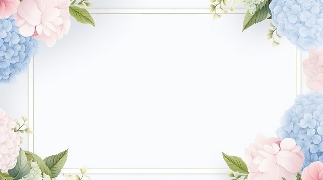 Elegant floral frame with blue and pink hydrangea flowers and green leaves on a white background, perfect for invitations and presentations.