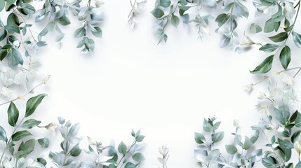 Green leaves border isolated on white background. Frame of branches and leaves