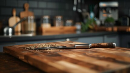 A professional wooden chopping board with a French chefs knife sitting on it to one side - Powered by Adobe
