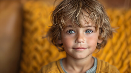 Fototapeta premium Professional studio photo portrait of a cute little boy, lovely kid with naive face, a child with a emotional expression, widescreen 16:9