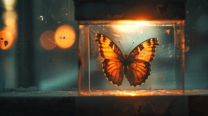 A butterfly is in a glass container with a light shining on it