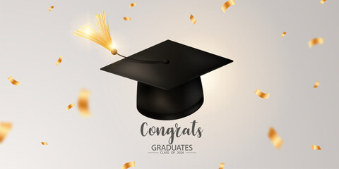 graduation design background realistic graduation hat Golden confetti congratulations to the graduates Vector illustration
