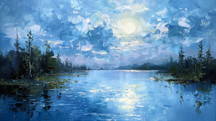 Serene midsummer moonrise over a lake, impressionistic oil painting with light reflections,