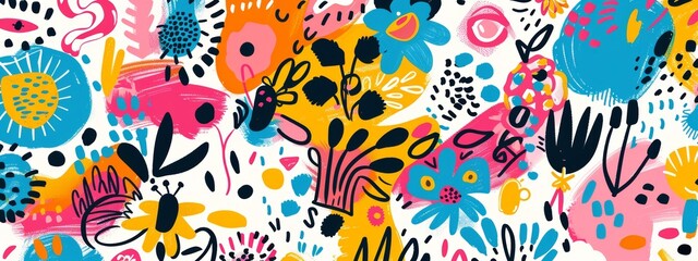Obraz premium A pattern of hand-drawn doodles and sketches, including flowers, animals, and abstract shapes.