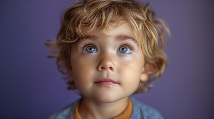 Naklejka premium Professional studio photo portrait of a cute little boy, lovely kid with naive face, a child with a emotional expression, widescreen 16:9