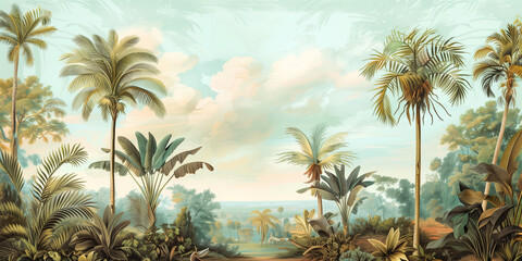 A romantic tropical landscape illustration with a warm sky and lush greenery