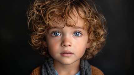 Professional studio photo portrait of a cute little boy, lovely kid with naive face, a child with a emotional expression, widescreen 16:9