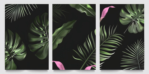 A creative arrangement of green tropical leaves with subtle pink highlights on a dark black background, across three panels