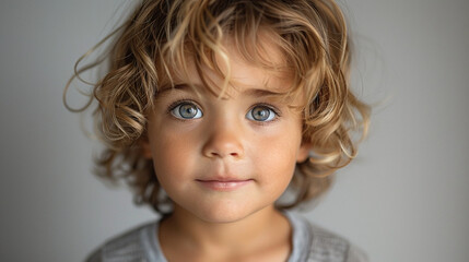 Naklejka premium Professional studio photo portrait of a cute little boy, lovely kid with naive face, a child with a emotional expression, widescreen 16:9