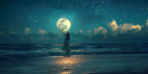 A solitary figure raises the full moon over her head on a starlit beach, creating a magnificent and surreal scene