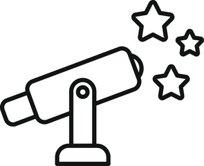 Simple black and white line icon featuring a telescope aimed at stars, suitable for astronomy themes