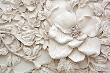 Intricate floral 3D relief artwork with detailed petals and leaves in a monochromatic design, perfect for artistic and decorative purposes.