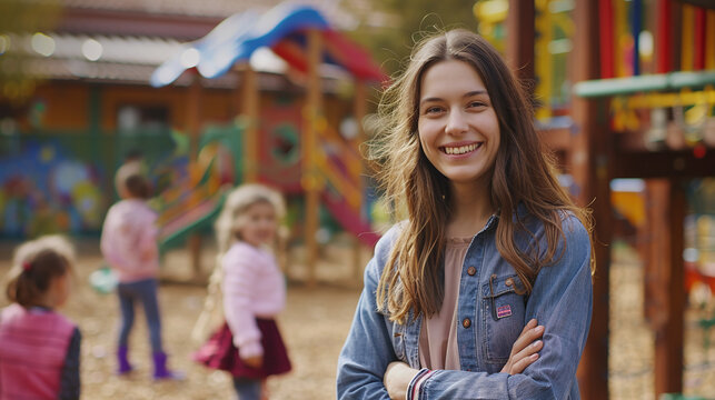 Young woman kindergarten teacher with a group of children on the playground in the kindergarten