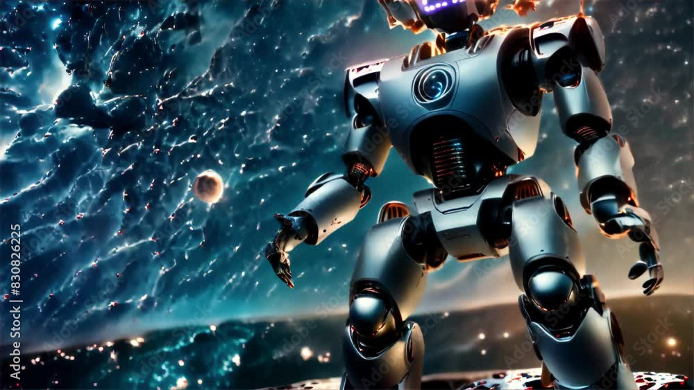 Poster an advanced robot stands amidst the cosmic wonders of space, showcasing cutting-edge technology and 