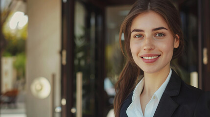 Fototapeta premium Young friendly woman hotel administrator in a business suit near the front door of the hotel